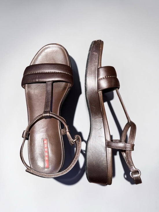 Prada Shoes - Vintage Prada Sport Linea Rossa Brown Leather T-Strap Wedge Sandals 90s